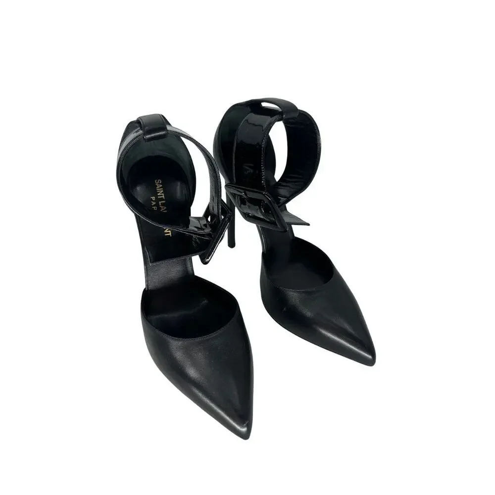 Saint Laurent Leather Pointed Toe Ankle Strap Pump Heels Black Women's Size 38.5
